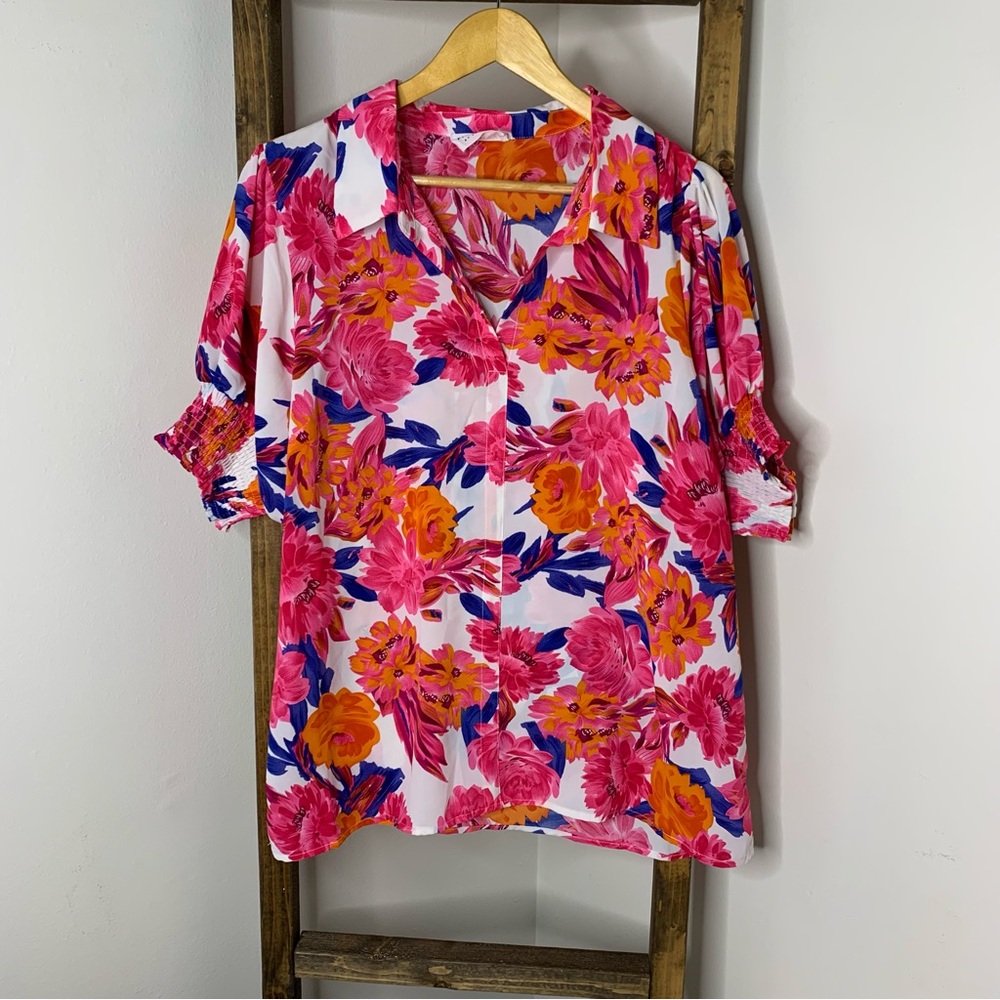 First Love Floral Pink and Orange Women's Top Size S